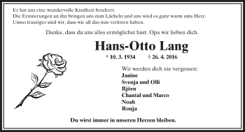 Traueranzeige von Hans-Otto Lang von  Kreisanzeiger