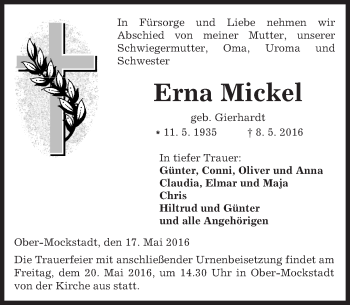 Traueranzeige von Erna Mickel von  Kreisanzeiger