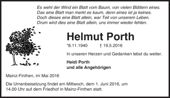 Traueranzeige von Helmut Porth von  Allgemeine Zeitung Mainz Traueranzeige von Helmut Porth von  Allgemeine Zeitung Mainz