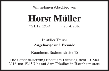 Traueranzeige von Horst Müller von  Mainspitze
