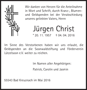 Traueranzeige von Jürgen Christ von  Allg. Zeitung Bad Kreuznach
