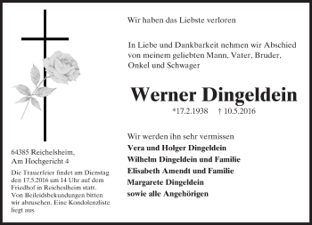 Traueranzeige von Werner Dingeldein von Trauerportal Echo Online