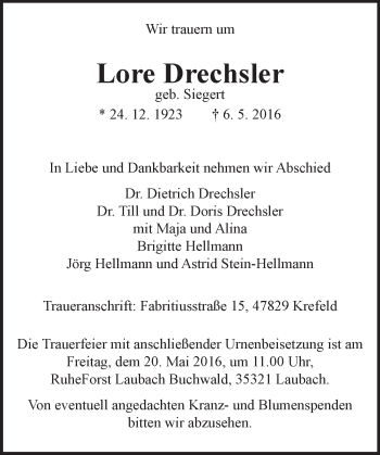 Traueranzeige von Lore Drechsler von  Gießener Anzeiger