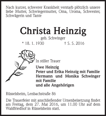 Traueranzeige von Christa Heinzig von Trauerportal Echo Online Traueranzeige von Christa Heinzig von Trauerportal Echo Online