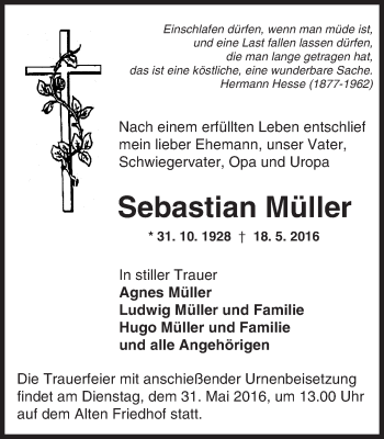 Traueranzeige von Sebastian Müller von  Hochheimer Zeitung