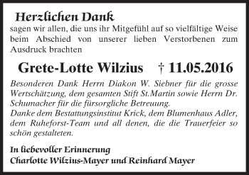 Traueranzeige von Grete-Lotte Wilzius von  Allgemeine  Zeitung Ingelheim-Bingen