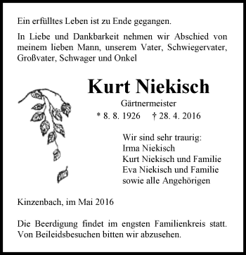 Traueranzeige von Kurt Niekisch von  Gießener Anzeiger