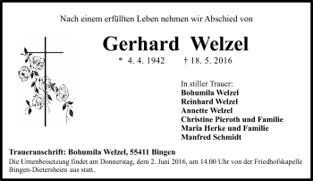 Traueranzeige von Gerhard Welzel von  Allgemeine  Zeitung Ingelheim-Bingen