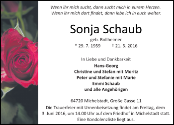 Traueranzeige von Sonja Schaub von Trauerportal Echo Online