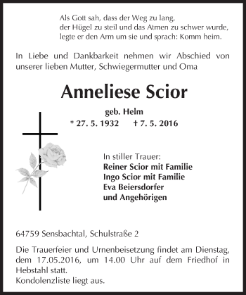 Traueranzeige von Anneliese Scior von Trauerportal Echo Online
