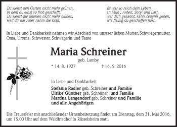 Traueranzeige von Maria Schreiner von Trauerportal Echo Online