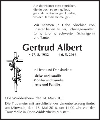 Traueranzeige von Gertrud Albert von  Kreisanzeiger
