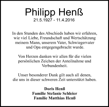 Traueranzeige von Philipp Henß von Trauerportal Echo Online