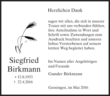 Traueranzeige von Siegfried Birkmann von  Allg. Zeitung Bad Kreuznach