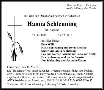 Traueranzeige von Hanna Schleuning von VRM Trauer