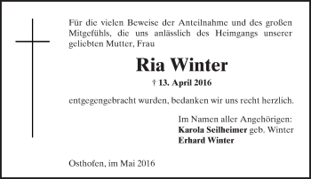 Traueranzeige von Ria Winter von  Wormser Zeitung
