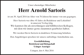 Traueranzeige von Arnold Sartoris von  Usinger Anzeiger