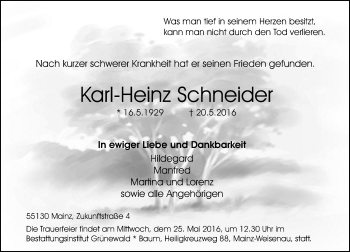 Traueranzeige von Karl-Heinz Schneider von  Allgemeine Zeitung Mainz Traueranzeige von Karl-Heinz Schneider von  Allgemeine Zeitung Mainz