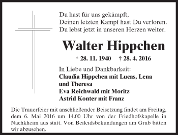 Traueranzeige von Walter Hippchen von  Allgemeine Zeitung Mainz