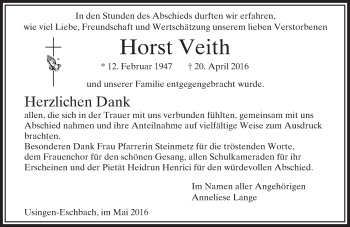 Traueranzeige von Horst Veith von  Usinger Anzeiger