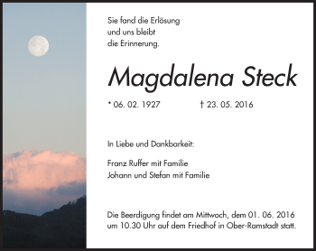 Traueranzeige von Magdalena Steck von Trauerportal Echo Online