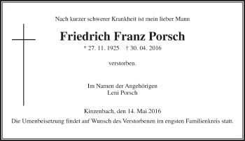 Traueranzeige von Friedrich Franz Porsch von  Gießener Anzeiger