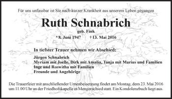 Traueranzeige von Ruth Schnabrich von  Allg. Zeitung Bad Kreuznach