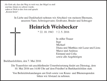 Traueranzeige von Heinrich Weisbecker von  Gießener Anzeiger
