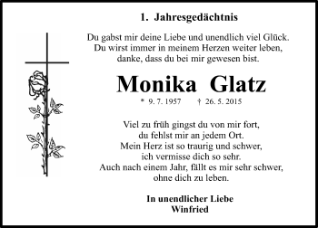 Traueranzeige von Monika Glatz von  Allgemeine  Zeitung Ingelheim-Bingen