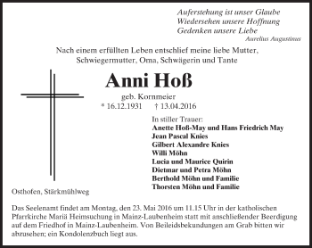 Traueranzeige von Anni Hoß von  Wormser Zeitung