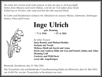 Traueranzeige von Inge Ulrich von  Kreisanzeiger