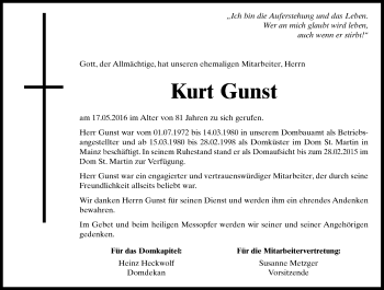 Traueranzeige von Kurt Gunst von  Allg. Zeitung Bad Kreuznach