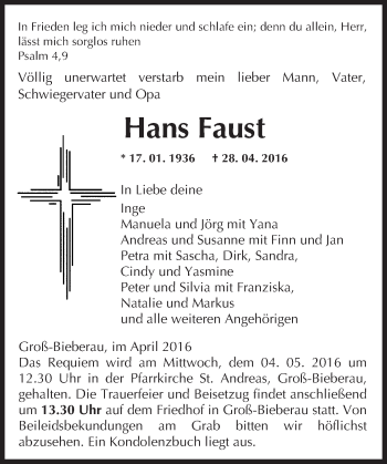 Traueranzeige von Hans Faust von Trauerportal Echo Online