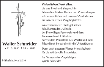 Traueranzeige von Walter Schneider von Trauerportal Echo Online