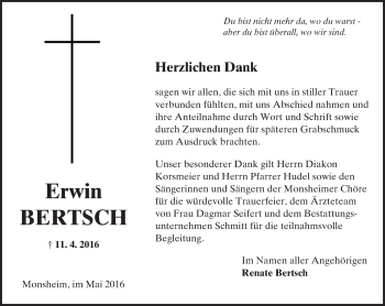 Traueranzeige von Erwin Bertsch von  Wormser Zeitung