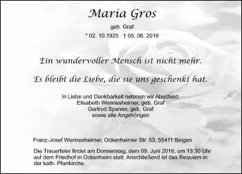 Traueranzeige von Maria Gros von  Allgemeine  Zeitung Ingelheim-Bingen