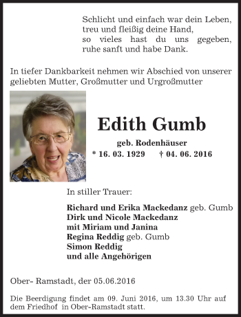 Traueranzeige von Edith Gumb von Trauerportal Echo Online