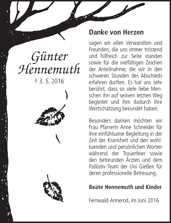 Traueranzeige von Günter Hennemuth von  Gießener Anzeiger