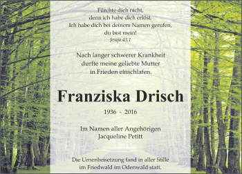Traueranzeige von Franziska Drisch von  Wiesbaden komplett