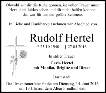 Traueranzeige von Rudolf Hertel von Trauerportal Echo Online