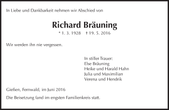 Traueranzeige von Richard Bräuning von  Gießener Anzeiger