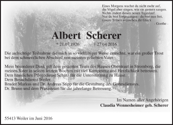Traueranzeige von Albert Scherer von Trauerportal Rhein Main Presse