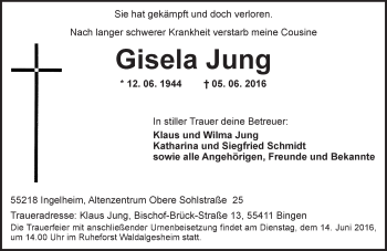 Traueranzeige von Gisela Jung von  Allgemeine  Zeitung Ingelheim-Bingen