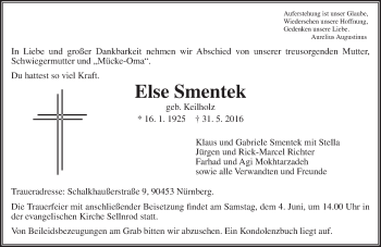 Traueranzeige von Else Smentek von  Gießener Anzeiger