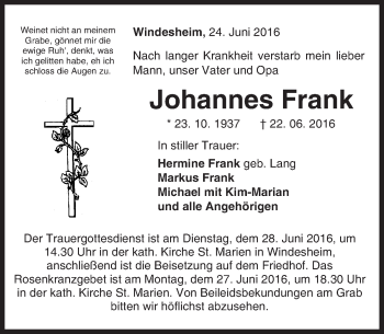 Traueranzeige von Johannes Frank von Trauerportal Rhein Main Presse