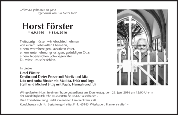 Traueranzeige von Horst Förster von Trauerportal Rhein Main Presse