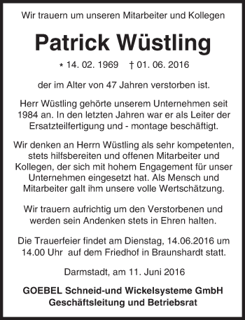 Traueranzeige von Patrick Wüstling von Trauerportal Echo Online