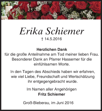 Traueranzeige von Erika Schiemer von Trauerportal Echo Online