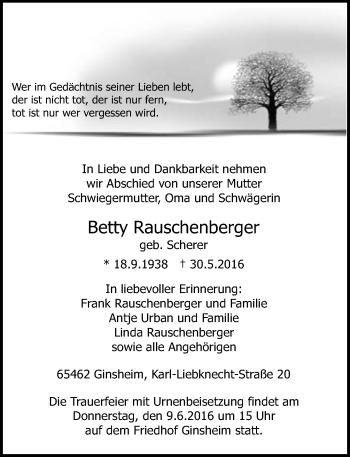 Traueranzeige von Betty Rauschenberger von  Allgemeine Zeitung Mainz