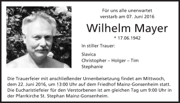 Traueranzeige von Wilhelm Mayer von Trauerportal Rhein Main Presse